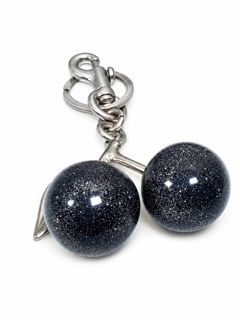 Black Glitter Cherry Bag Charm Keychain Silver Y2K